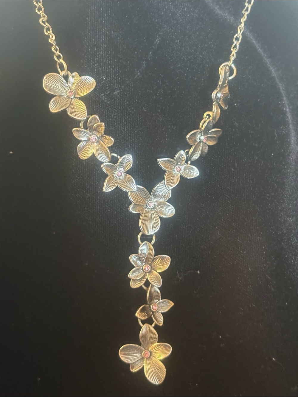 Floral Cascade silver-Tone Necklace with Pink Crystal Centers